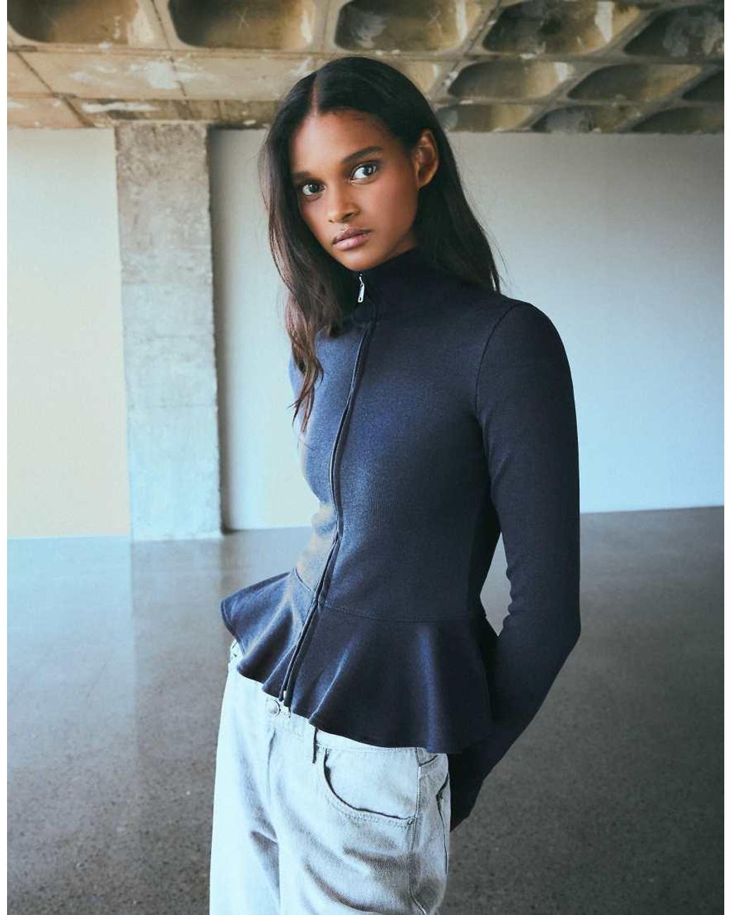 Bershka Blue High Neck Peplum Jacket