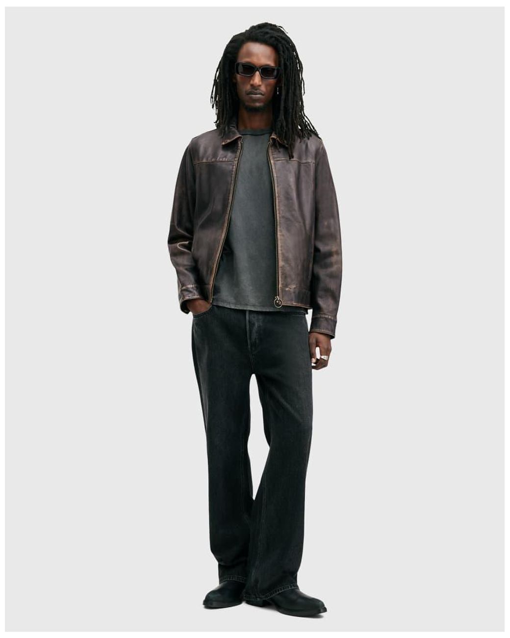 AllSaints Gray Alkan Washed Leather Zip Jacket