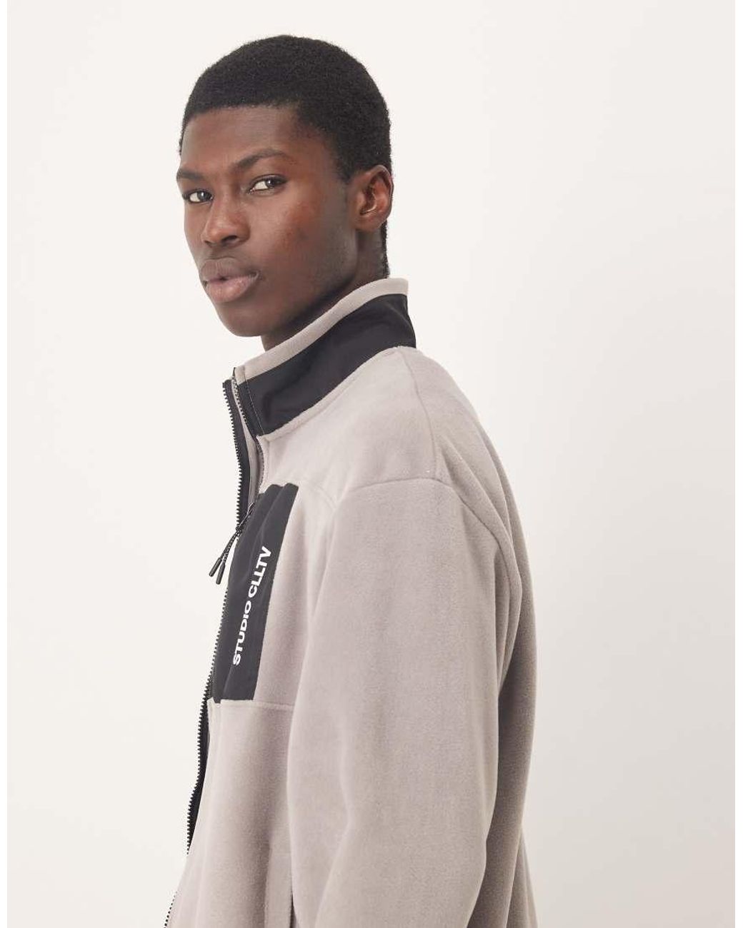 ASOS Natural Relaxed Fleece Zip Through With Nylon Pocket for men