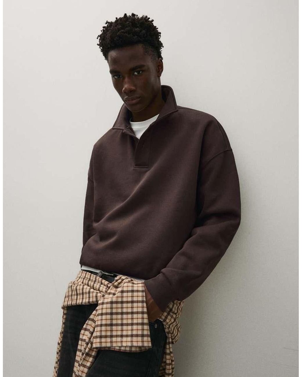 Bershka Brown Buttoned Polo Collar Sweatshirt for men