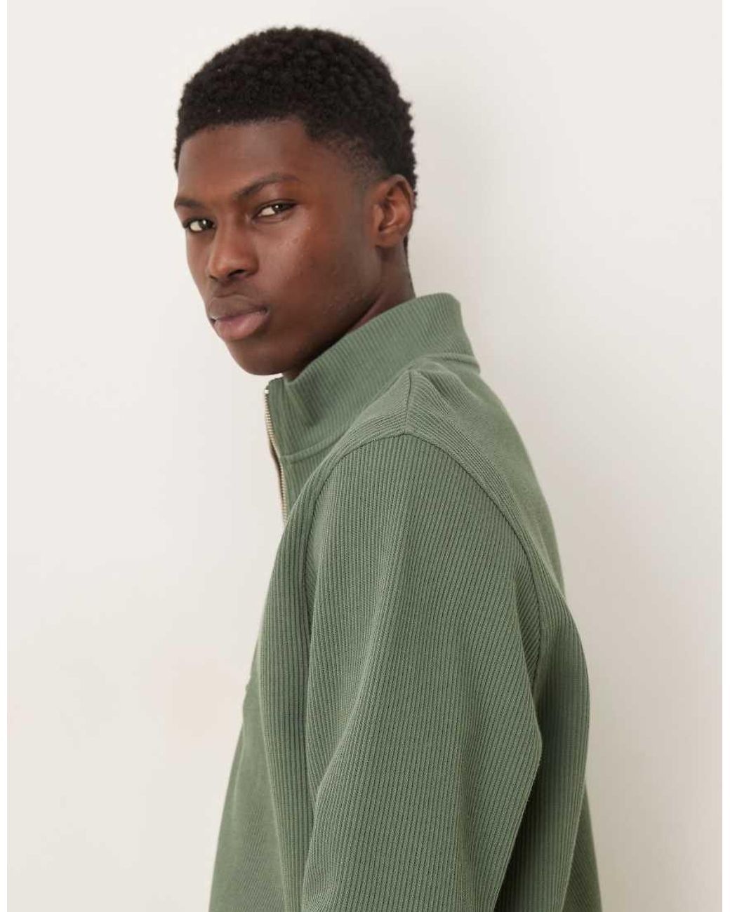 ASOS Green Quarter Zip Ribbed Sweatshirt for men
