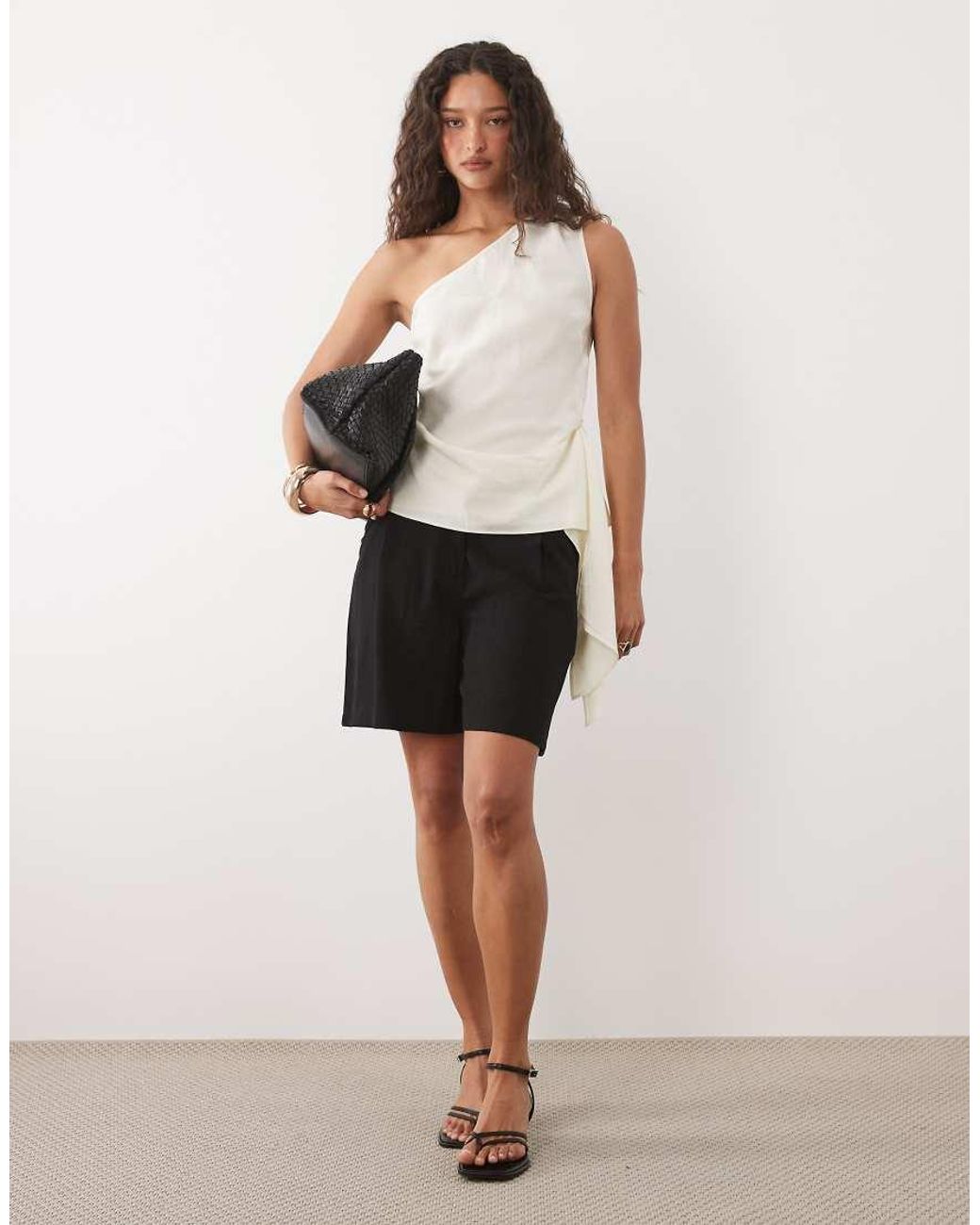 Mango Natural One Shoulder Sleeveless Top With Tie Waist