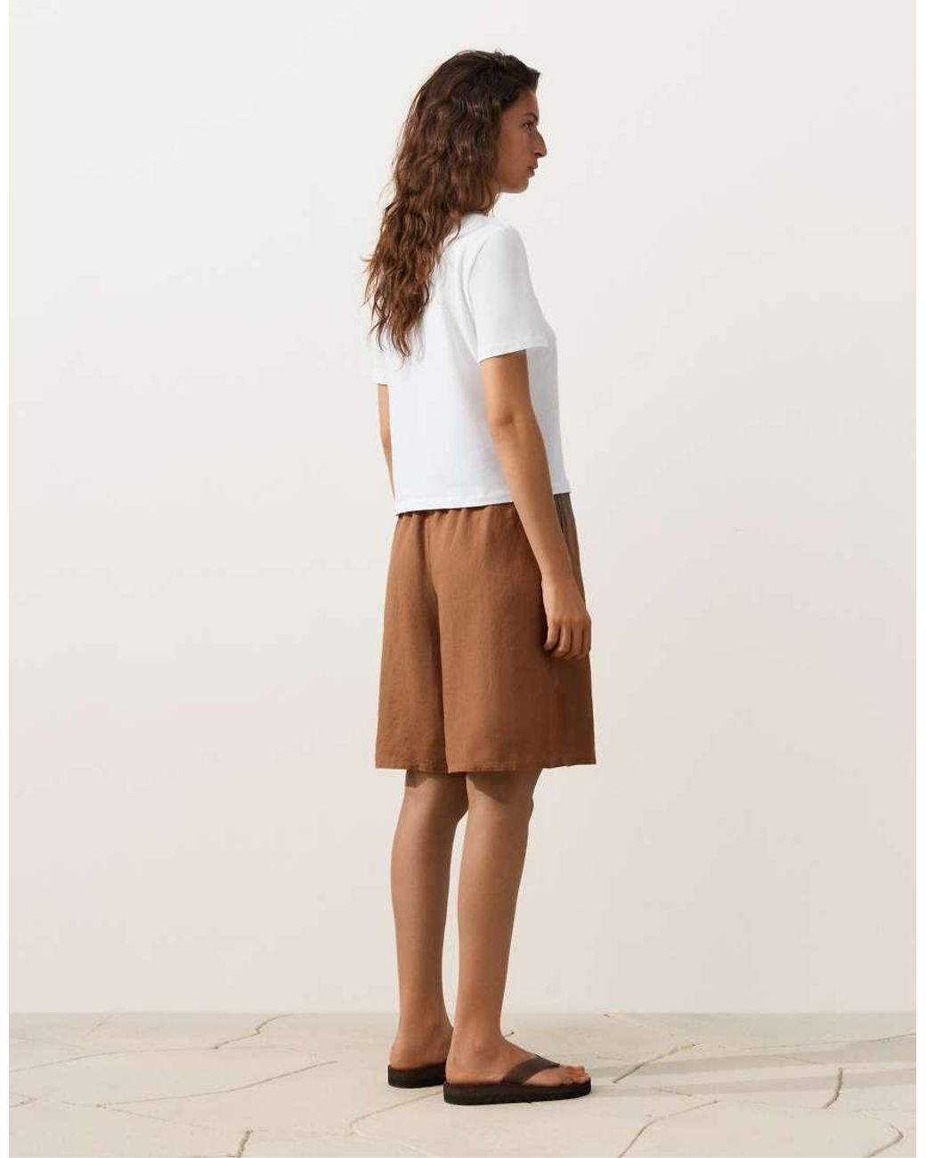 Oysho Natural 100% Linen Midi Bermuda Shorts