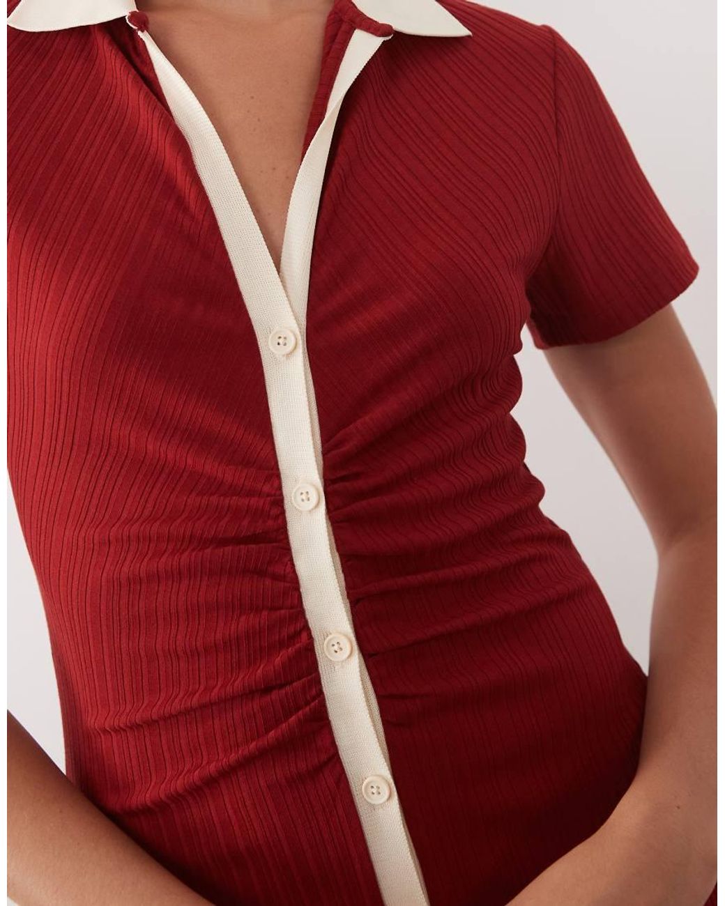 ASOS Red Button Front Cap Sleeve Midi Dress With Contrast Tipping