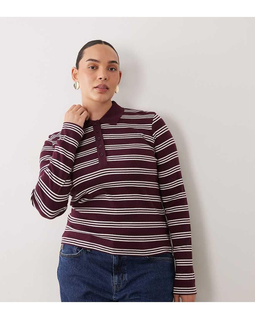 Brave Soul Red Brave Soul Curve Long Sleeve Ribbed Polo Top