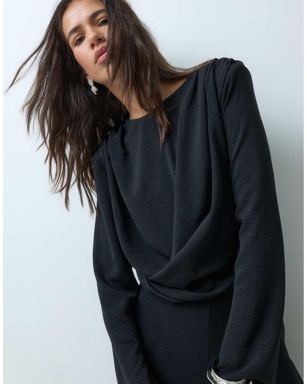 ASOS Blue Shoulder Pad Long Sleeve Jumpsuit With Ruched Bodice And Twist Detail