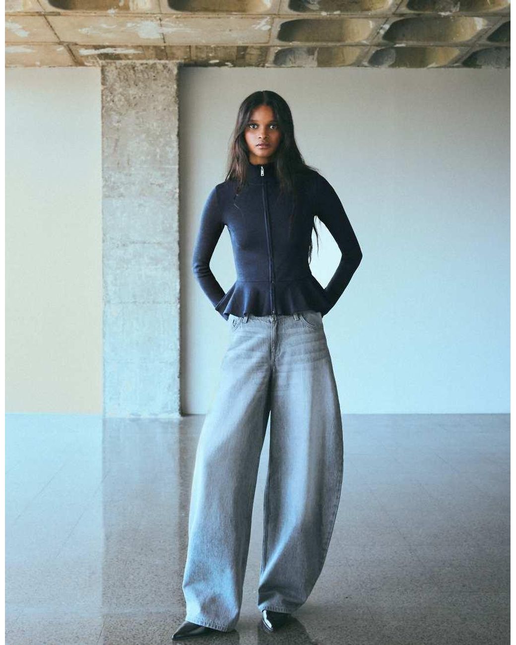 Bershka Blue High Neck Peplum Jacket
