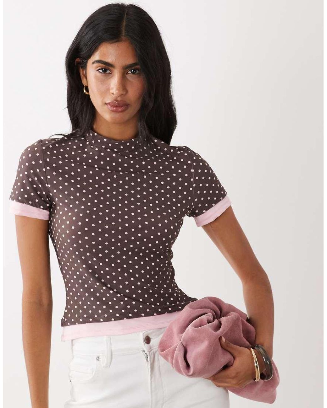 ASOS Brown Short Sleeve Double Layer Polka Dot Top
