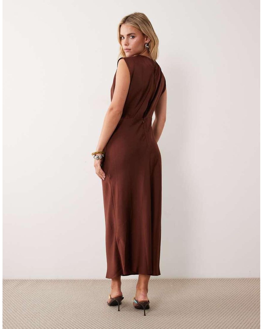 ASOS Brown Asos Design Petite Satin High Neck Pleated Bodice Midi Dress