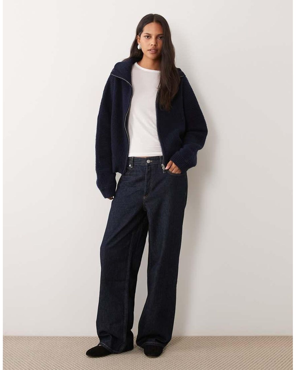 Miss Selfridge Blue Chunky Rib Knit Zip Batwing Cardigan