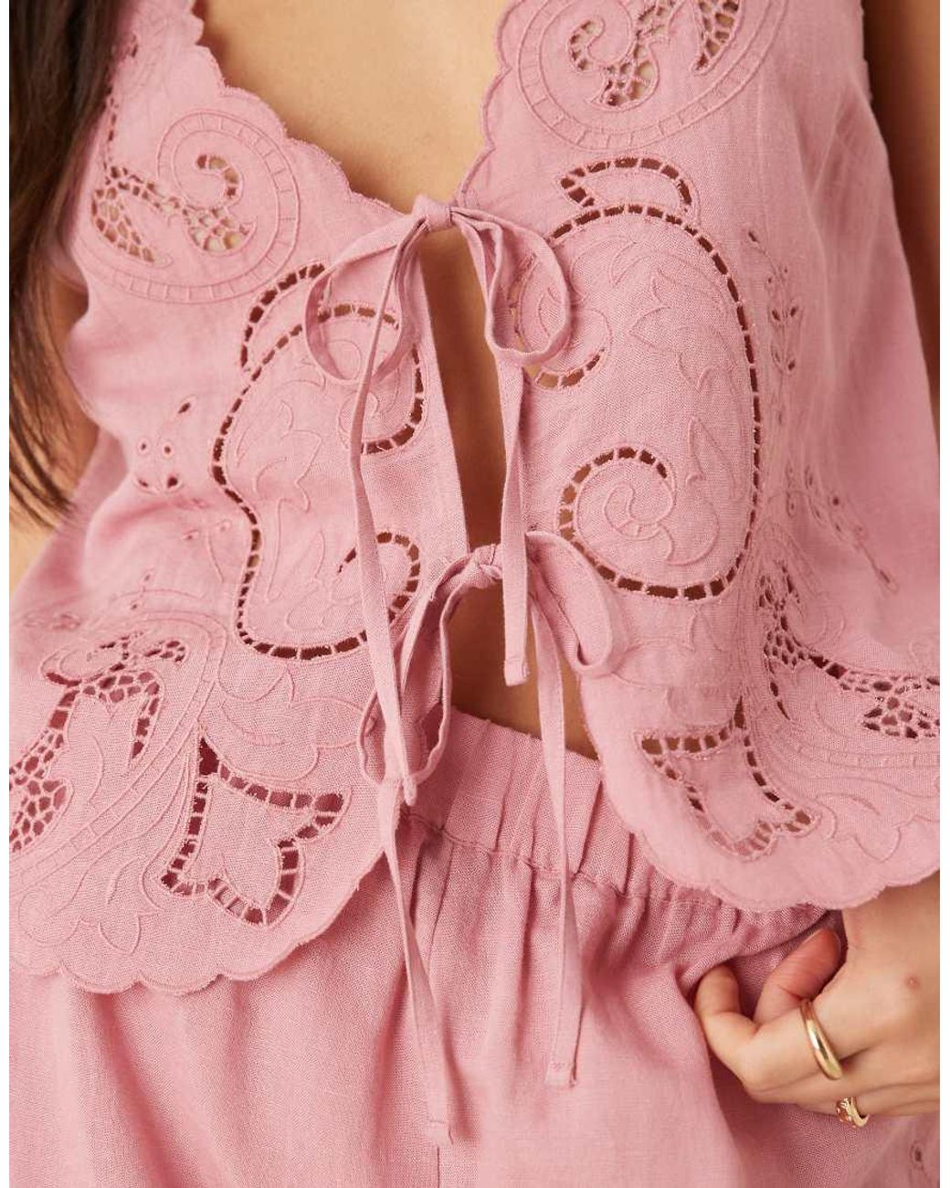 ASOS Pink Blake Broderie Linen Blend Beach Waistcoat With Linen