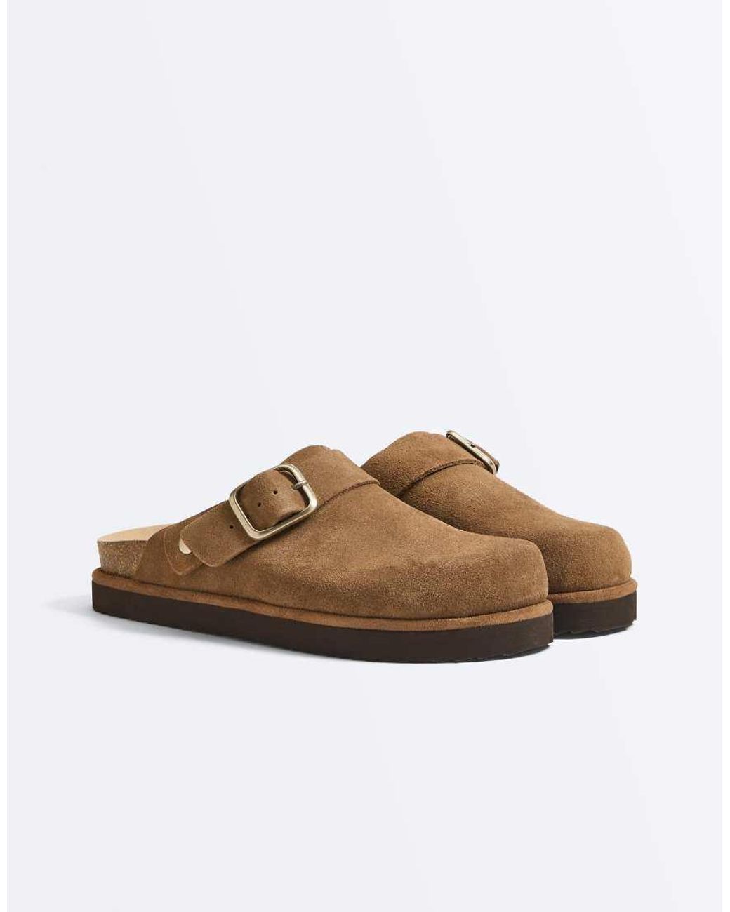 Oysho Brown Split-leather Buckled Mules