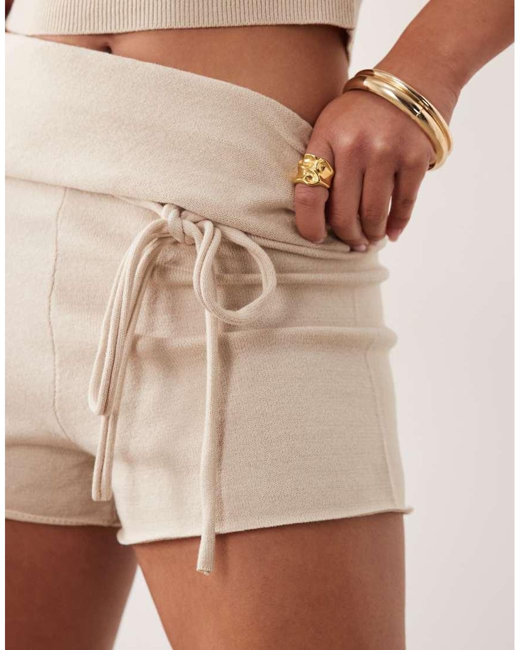 The Frolic Natural Exclusive Compact Knit Fold Over Tie Detail Shorts Co-ord