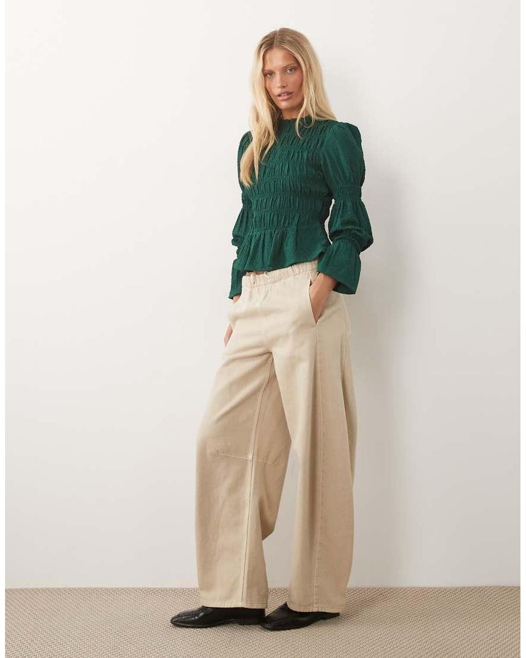 Wednesday's Girl Green Bell Sleeve Shirred Top