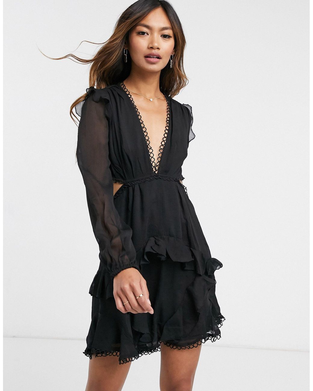 asos design mini dress with long sleeve and circle trim
