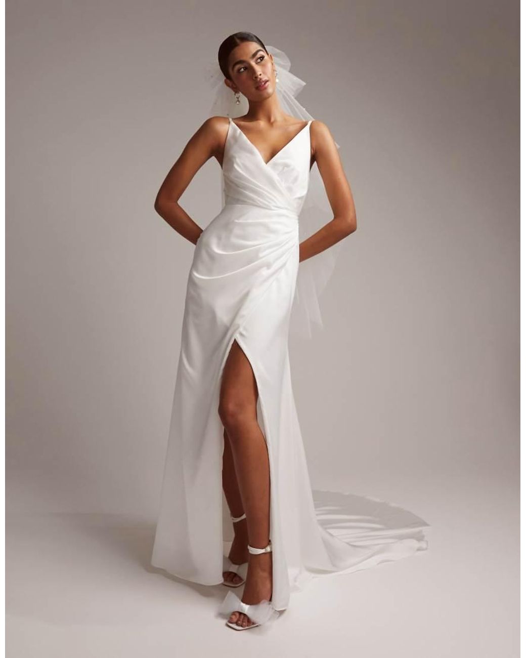 ASOS White Constance Satin Wrap Front Cami Wedding Dress With Low Back In