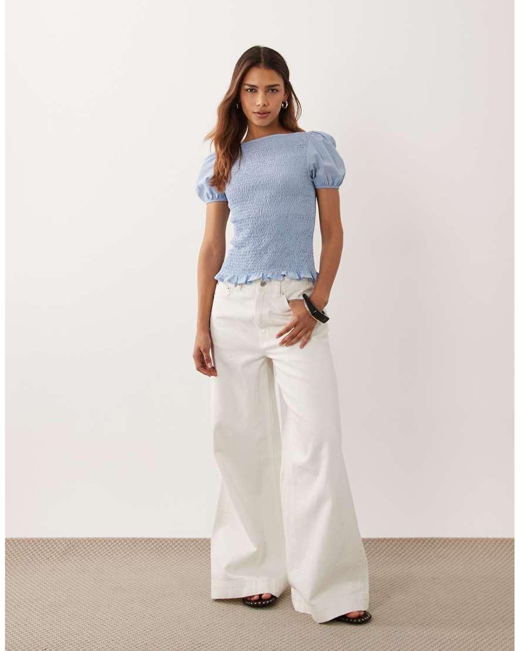 ASOS Blue Shirred Long Sleeve Top