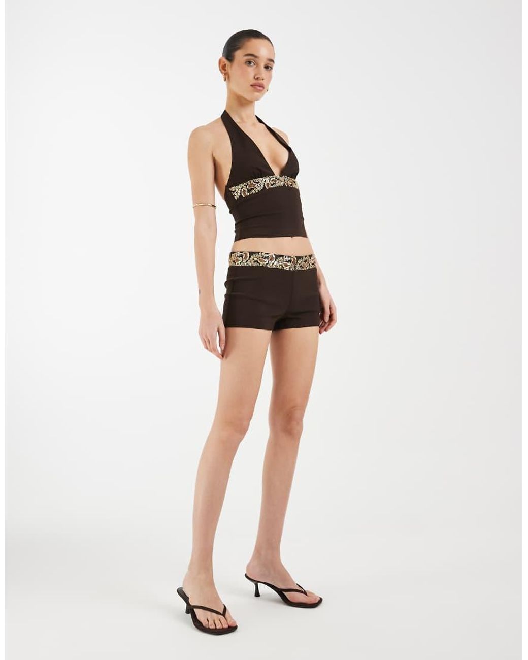 Motel Black Belvani Embroidered Sequin Mini Shorts