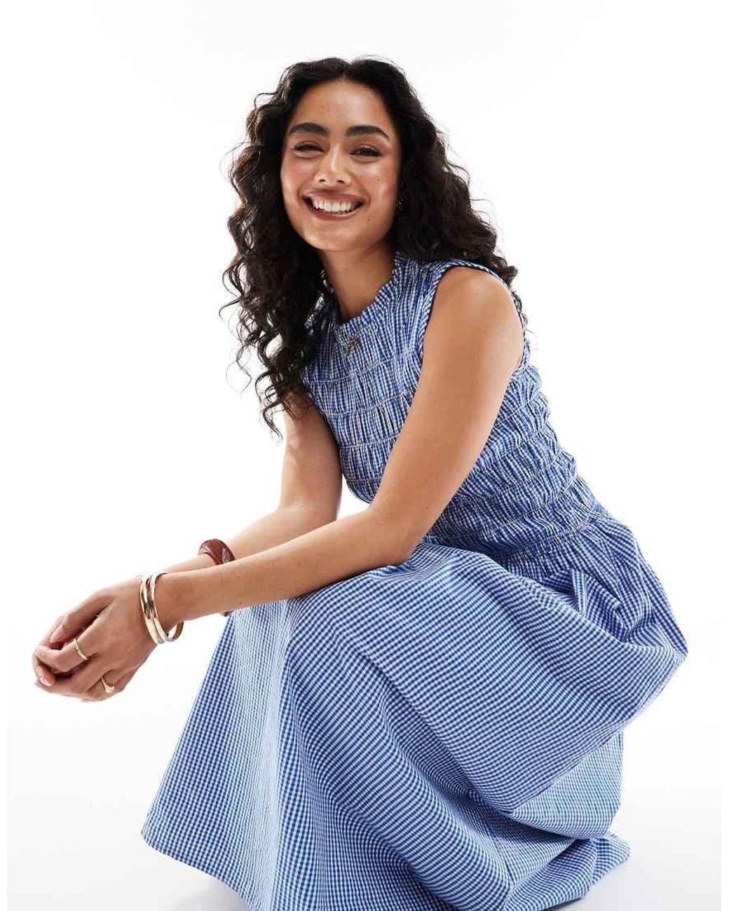 ONLY Blue Dropped Waist Shirred Maxi Dress