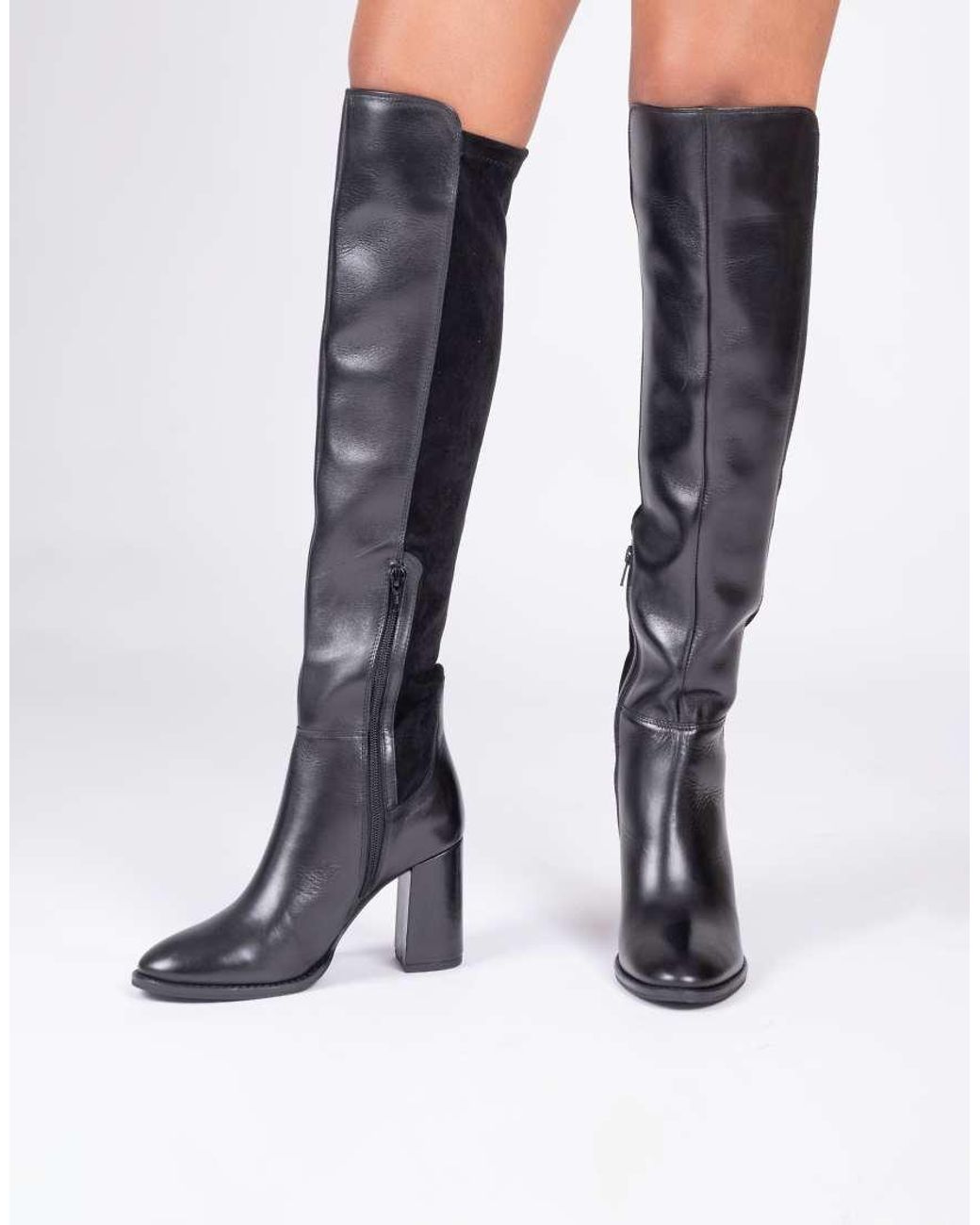 OFF THE HOOK Blue Halle Over-The-Knee Leather Boot With Block Heel And Inner Side Zip