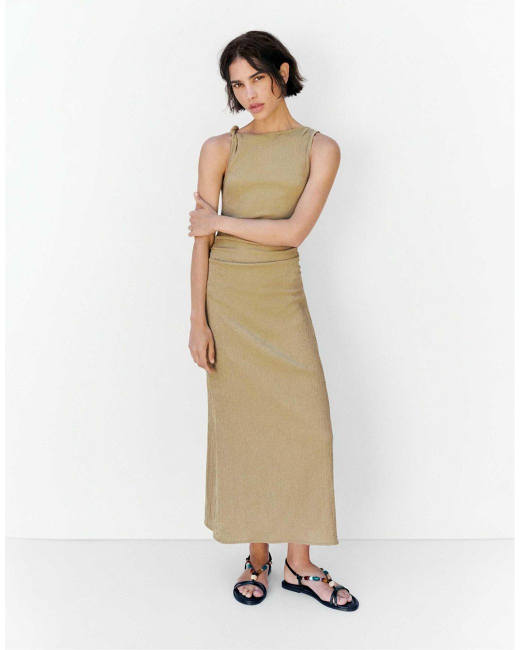Pull&Bear White – gerafftes midikleid