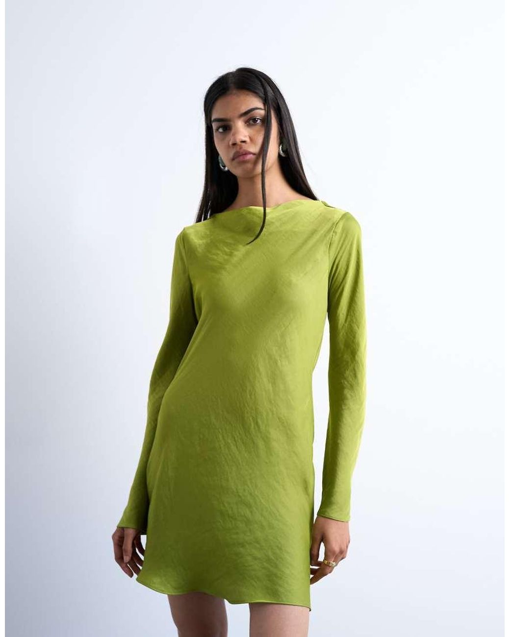 TOPSHOP Green Cowl Back Long Sleeve Mini Satin