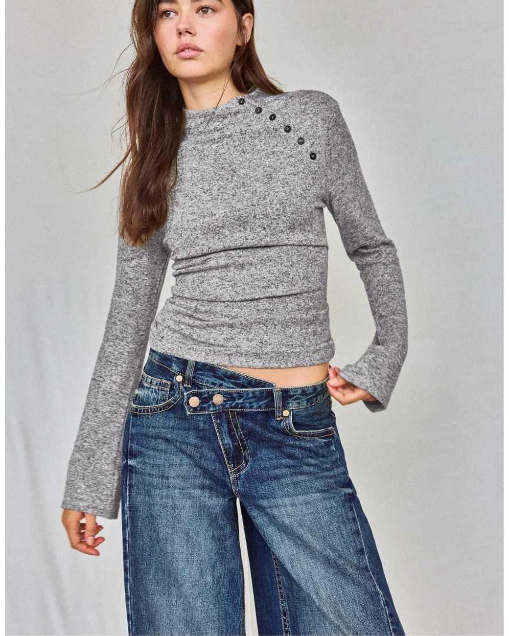 Stradivarius Blue Button Funnel Neck Sweater