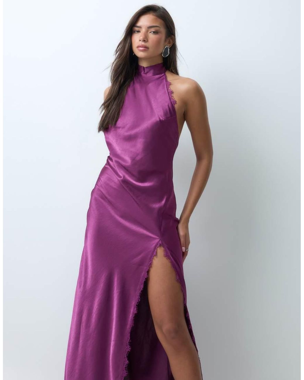 Aria Cove Purple Satin Halterneck High Neck Lace Trim Leg Split Maxi Dress