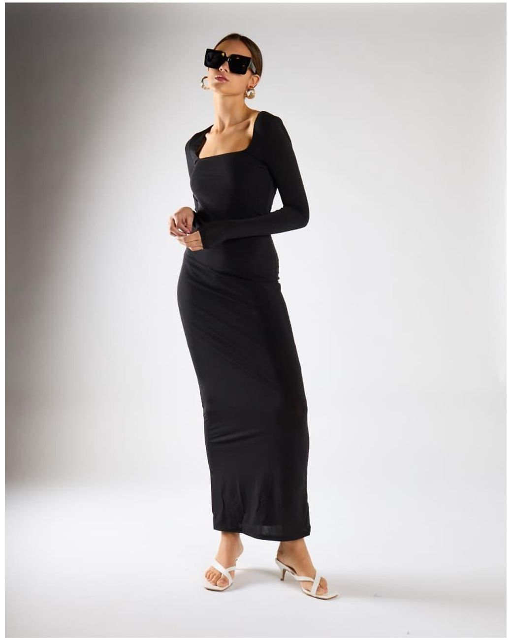 NARRATED Blue Square Neck Long Sleeve Maxi Dress