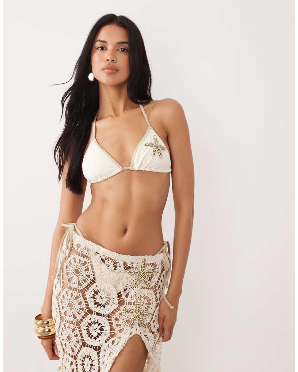 South Beach Black Triangle Bikini Top With Beaded Starfish Detail