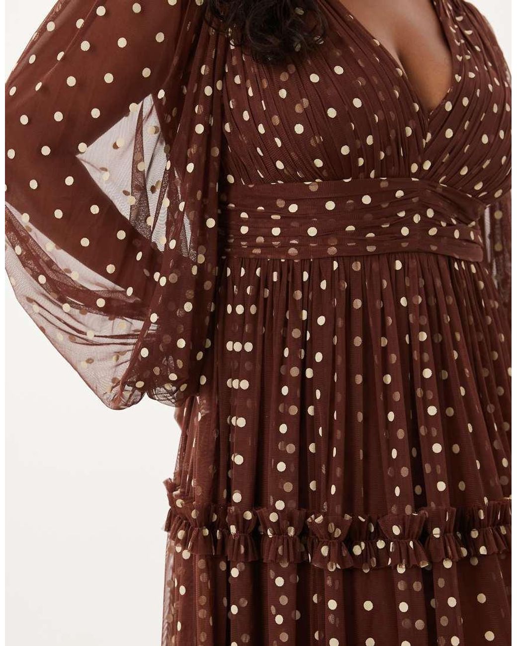 Lace & Beads Plus Brown Tulle Sheer Balloon Sleeve Plunge Neck Tiered Maxi Dress