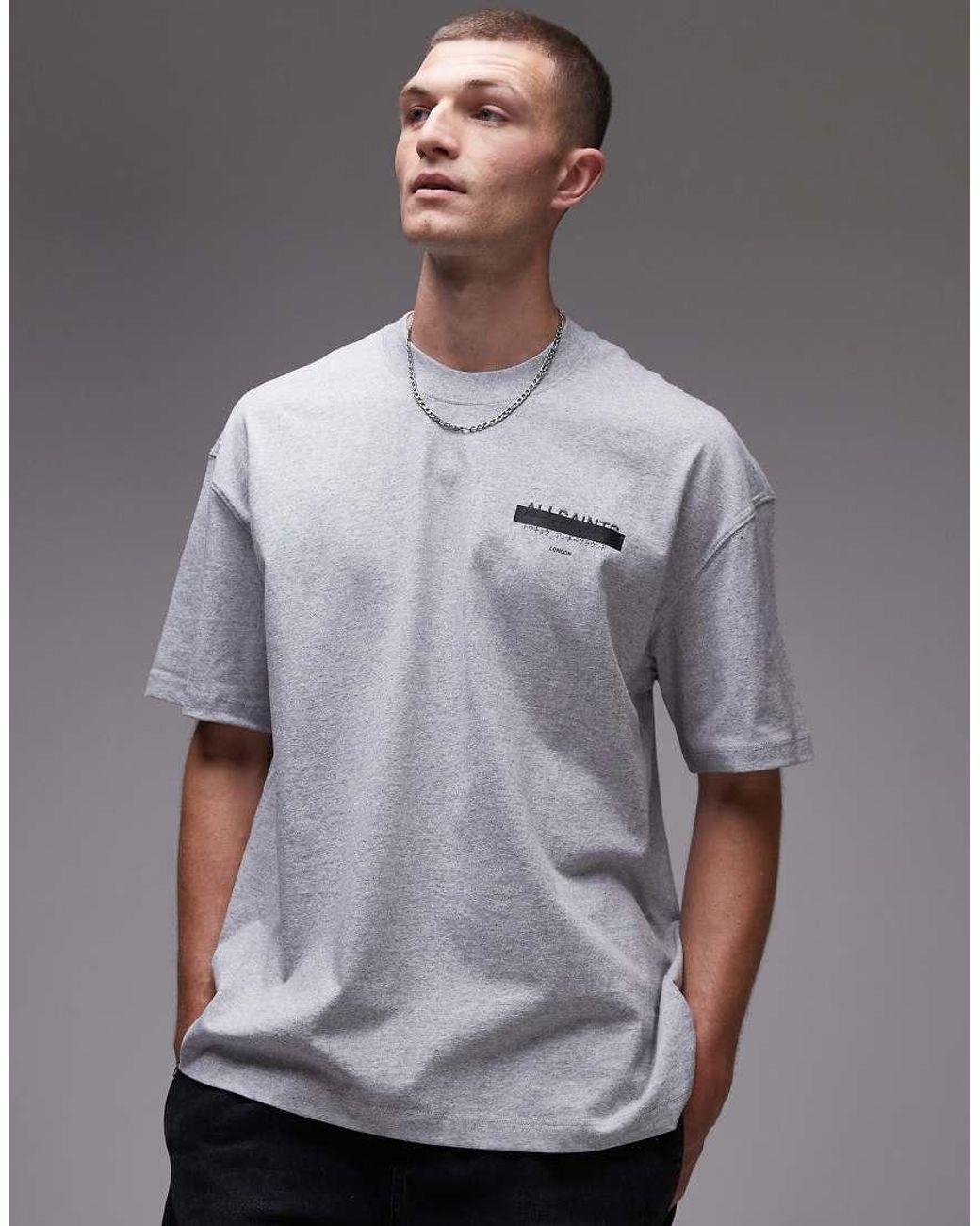 AllSaints Gray Redact Oversized Embroidered Logo T-Shirt for men