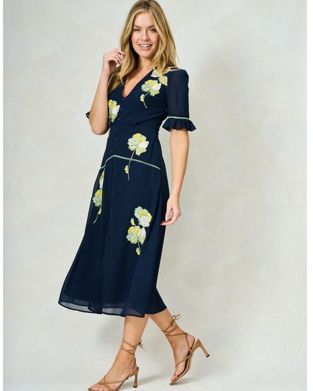 Hope & Ivy Blue The Ingrid Floral Embroidered Midi Dress With Frill Sleeves And Button Front