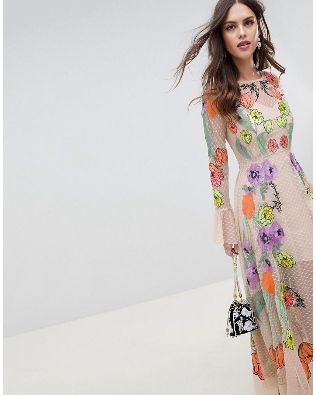 ASOS Embroidered Floral Maxi Dress in Natural | Lyst