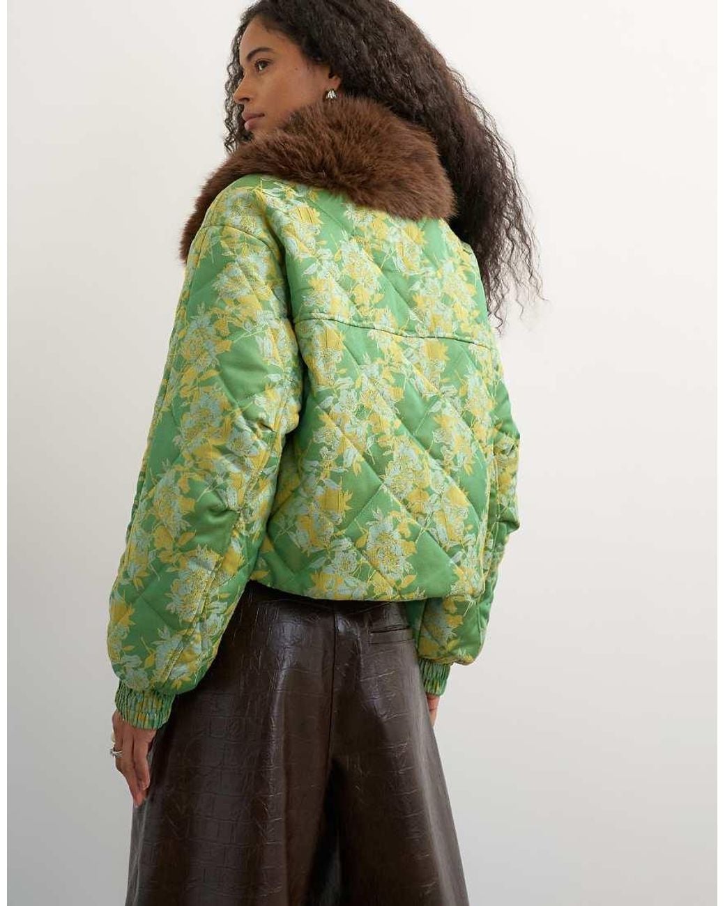 TOPSHOP Green Printed Fur Collar Jacket