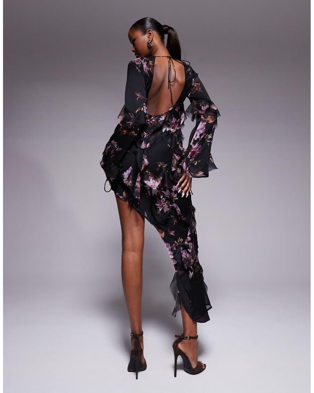 ASOS Brown Long Sleeve Open Back Raw Edge Ruffle Detail Midaxi Dress
