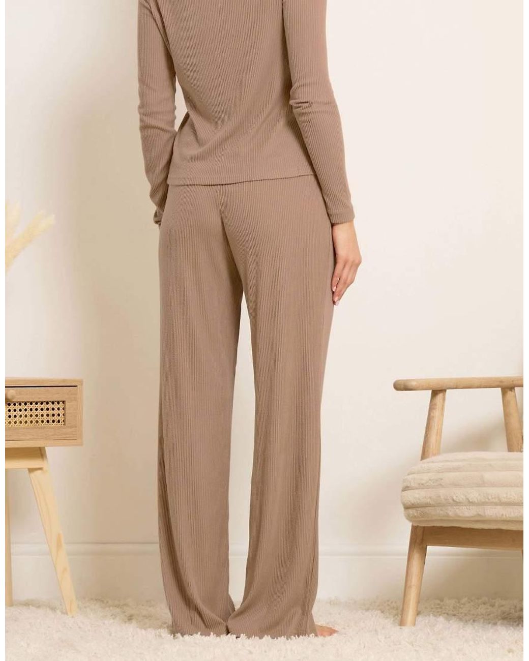 Long Tall Sally Natural Ribbed Wide Leg Trousers