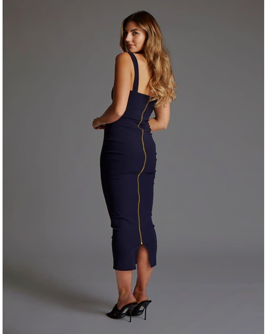 Vesper Blue Plunge Neck Bodycon Midaxi Dress