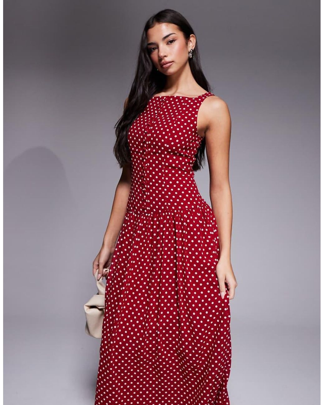 Kaiia Red Exclusive High Square Neck Button Up Dropped Waist Maxi Dress