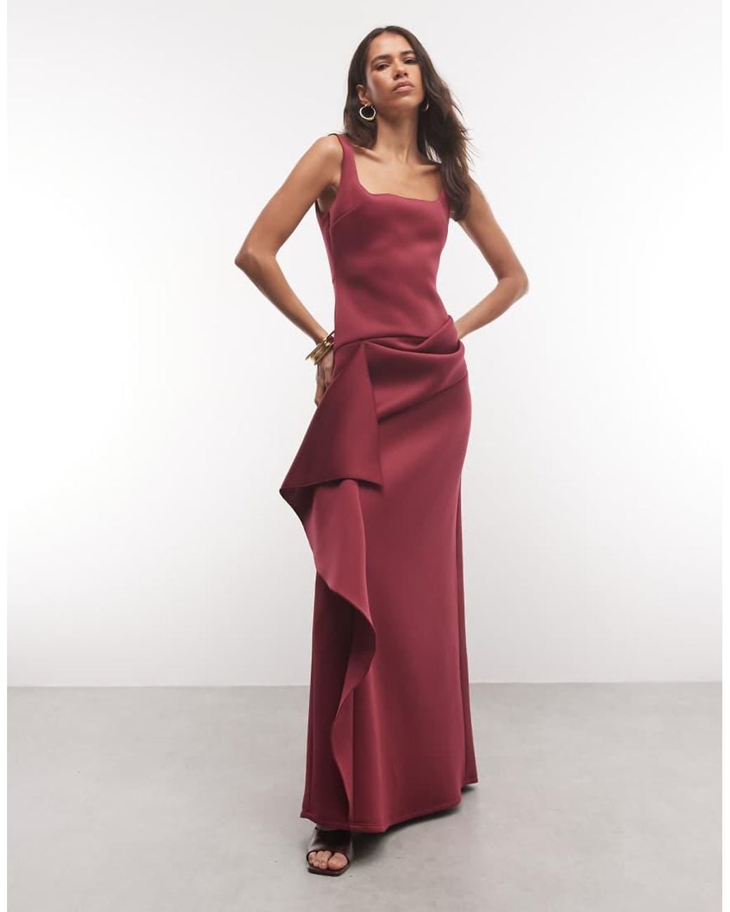 ASOS Red Square Neck Maxi Dress With Hitched Skirt Detail