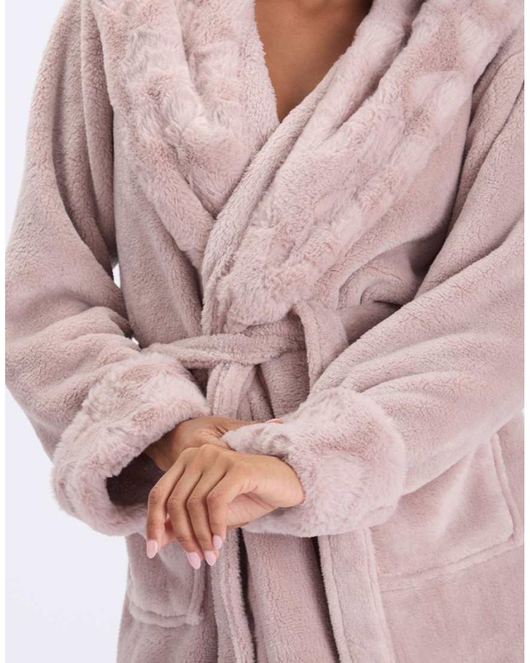 Boux Avenue Pink Heart Fur Trim Long Dressing Gown Soft Bathrobe With Hood