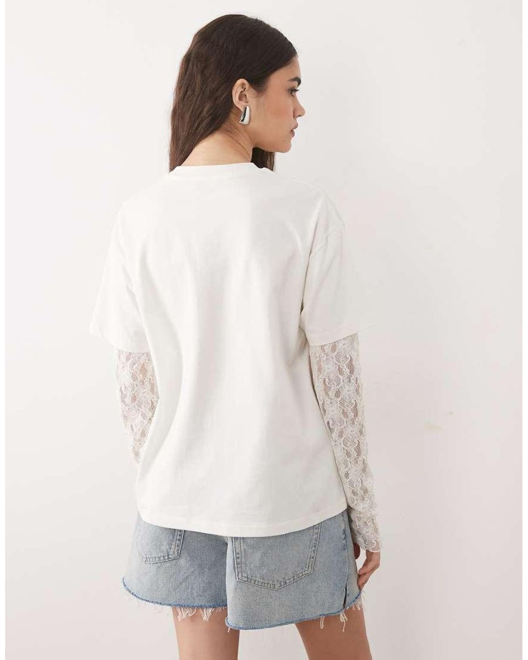 Miss Selfridge White Oversized T-shirt With Lace Sleeve And Flower Print