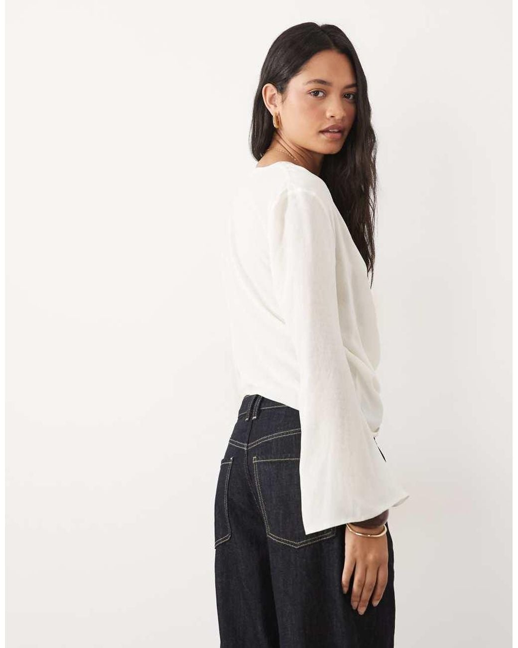 ASOS White Asos Desgin Draped Chiffon Long Sleeve Top