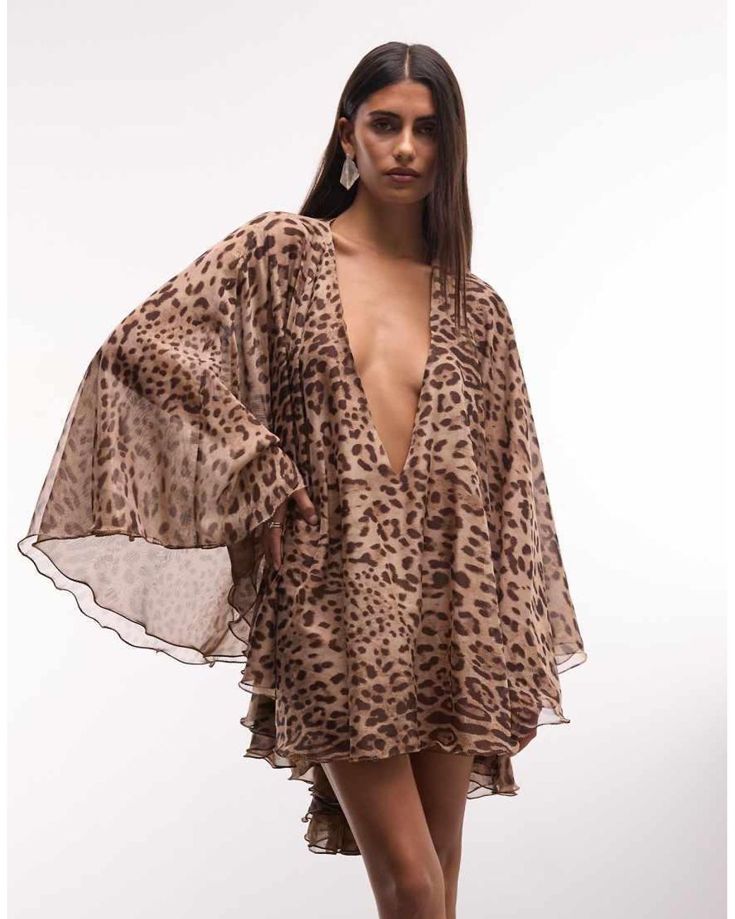 The Dolls House Brown Premium Chiffon Wide Bell Sleeve Deep Plunge Neck Mini Dress