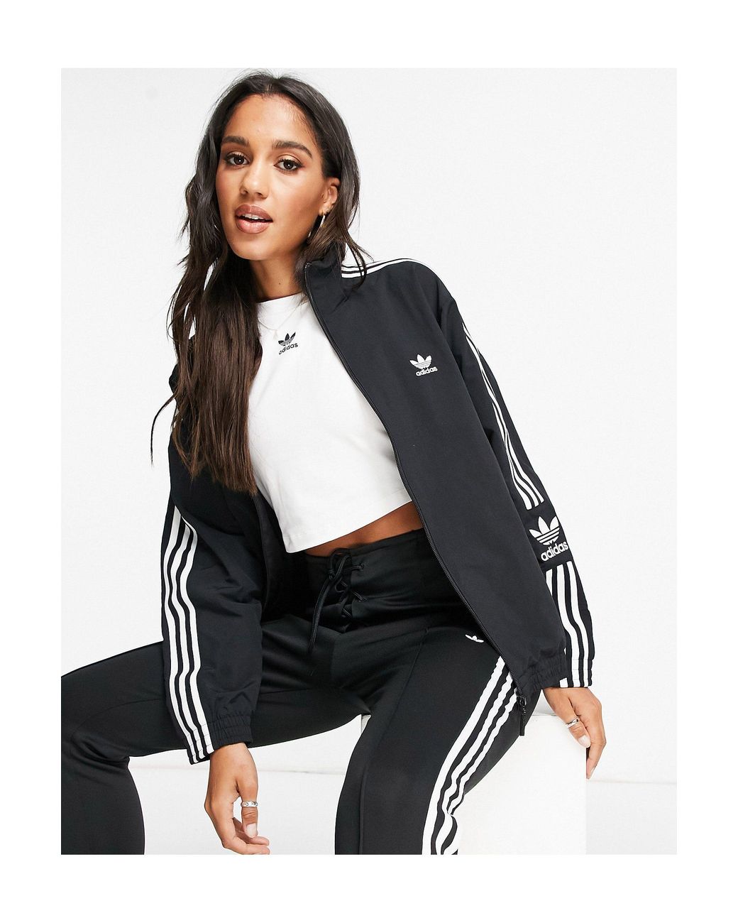 adidas Originals Lock Up Three Stripe Logo High Neck Zip Up Track Top in  Black | Lyst