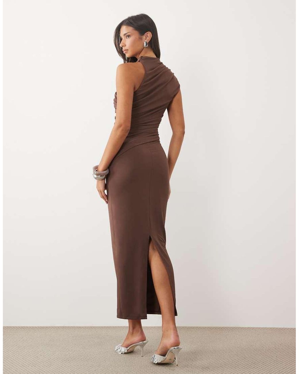 ASOS Brown High Neck Asymmetric Ruched Midi Dress