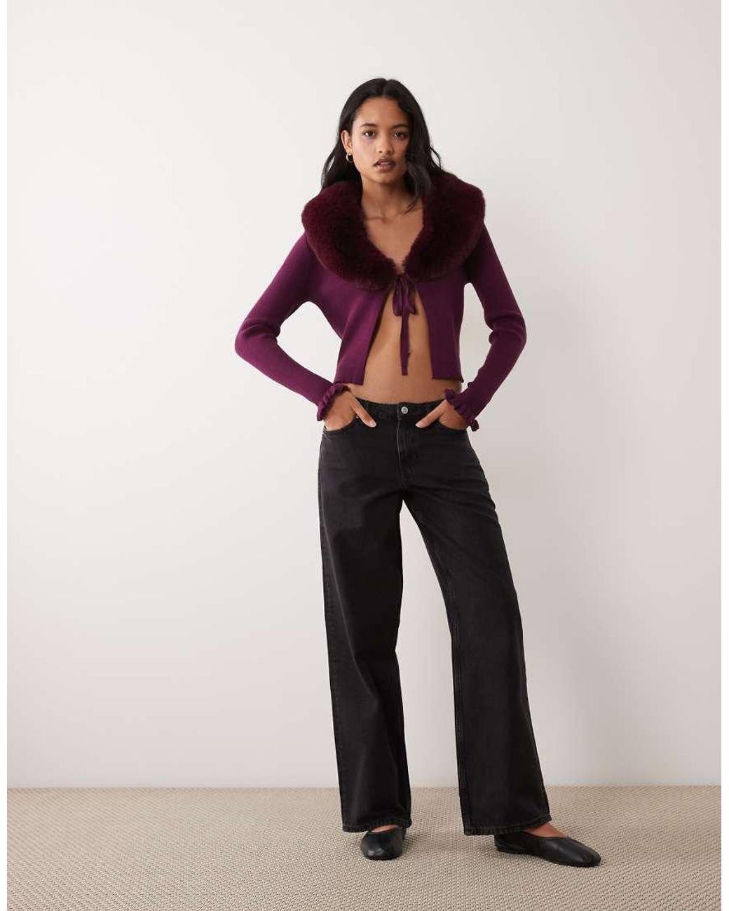 Miss Selfridge Red Tie Front Cardigan With Fur Collar And Cuff