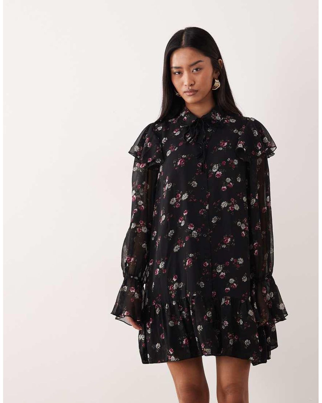 Y.A.S Black Frill Trim Chiffon Mini Dress