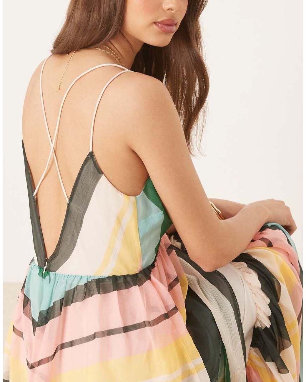 ASOS Maxi-Jurk Met Diep Decolleté, Stroken, Open Achterkant En Gestreepte Print in het White