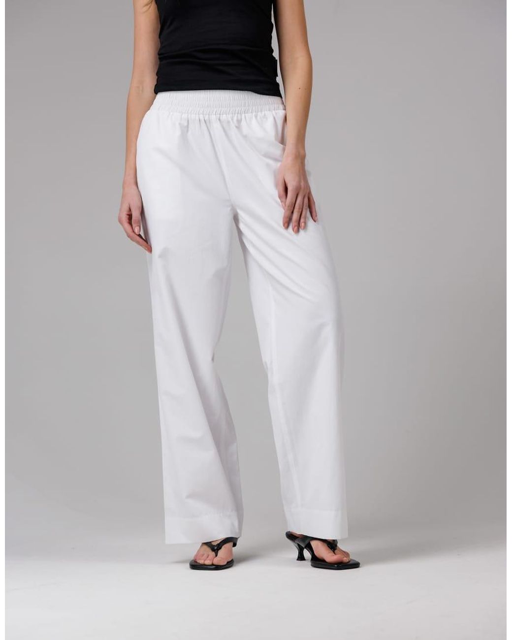 French Connection White Cotton Blend Elasticated Straight Leg Poplin Trousers